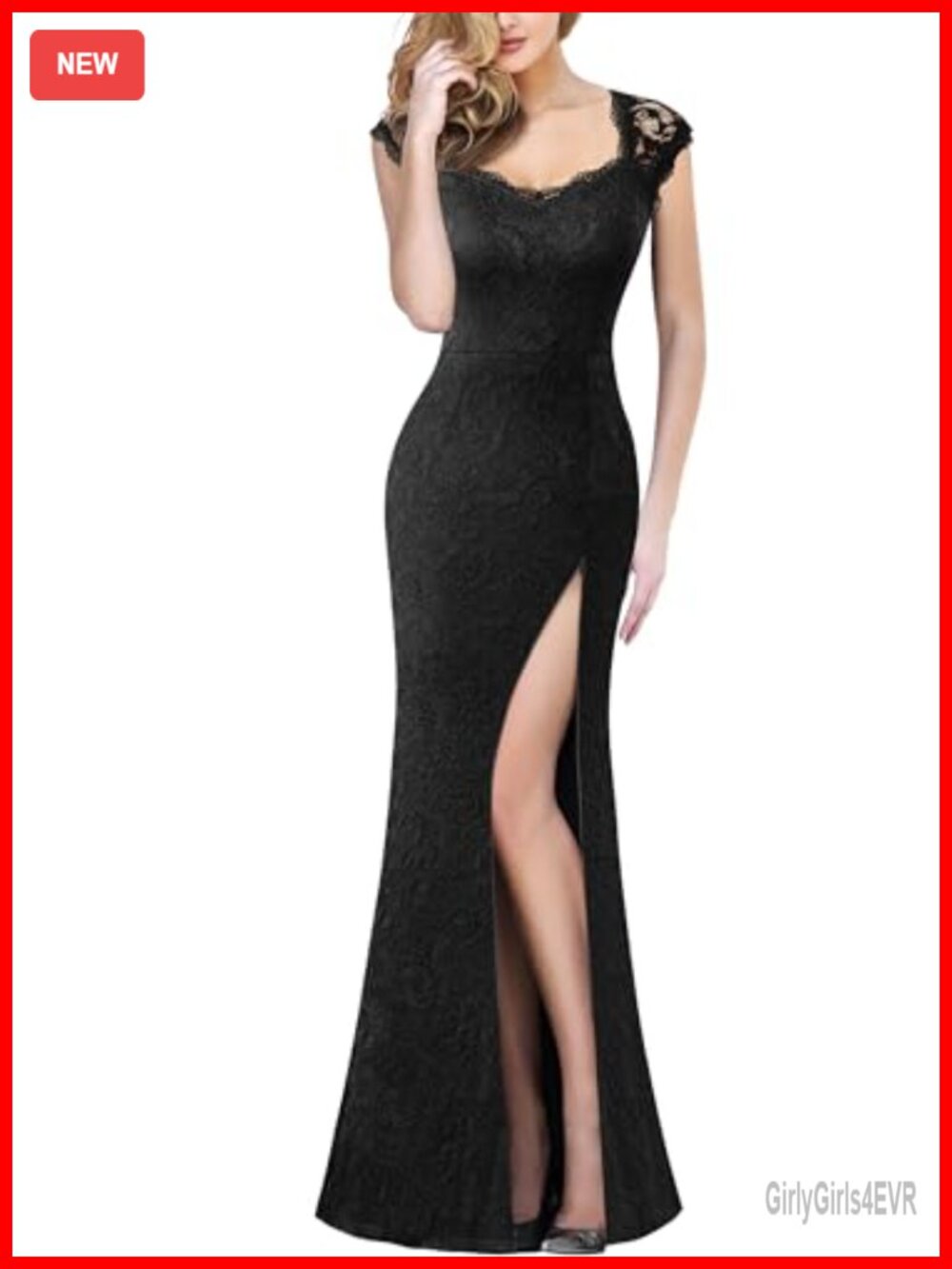 Floral Lace Sweetheart Neck Open Back High Split Formal Evening Gown Maxi Dress